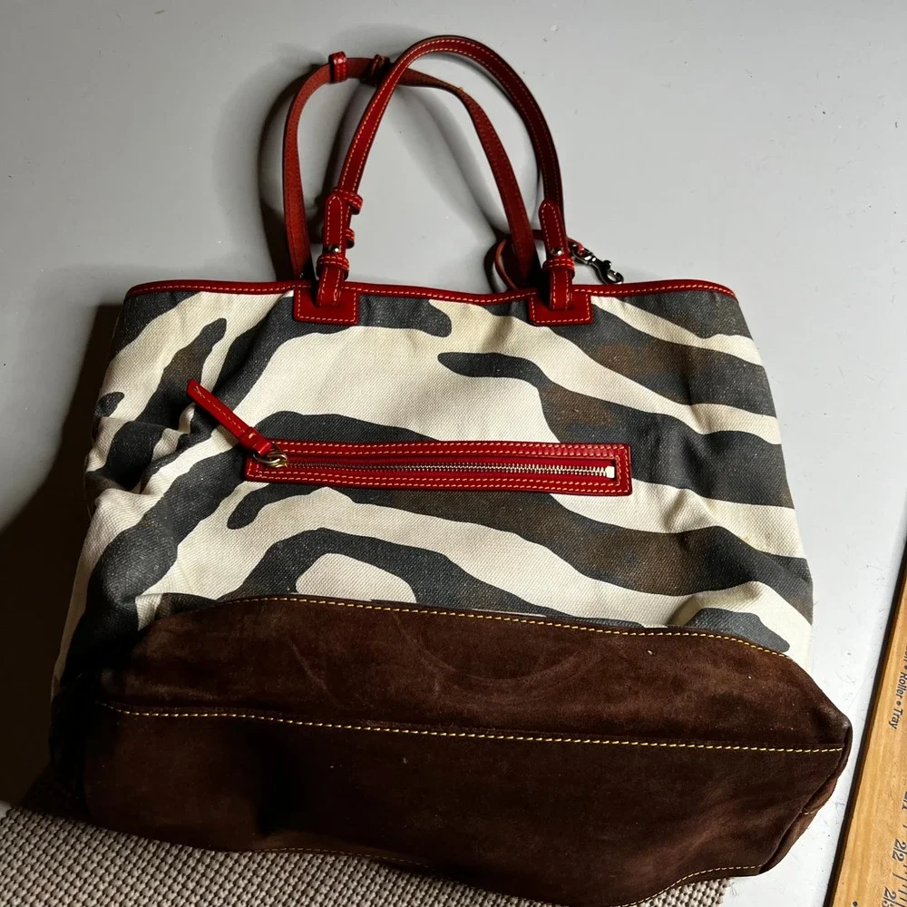 Dooney & Bourke Zebra Print Canvas Tote Bag Red Leather Trim Brown Suede Base